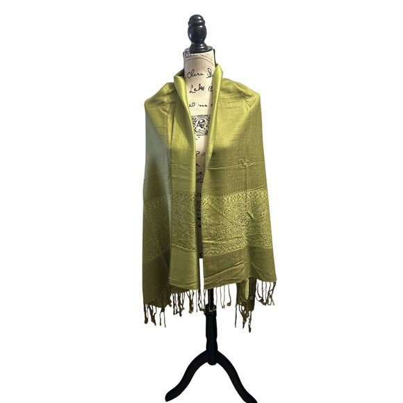 pashmina Accessories - Elegant Green Jacquard Woven Scarf Wrap With Fringe Lightweight & Soft